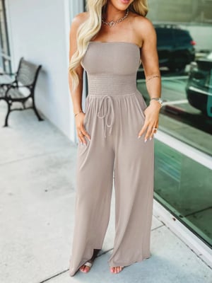 🔥Off Shoulder Solid Color Smocked Jumpsuit
