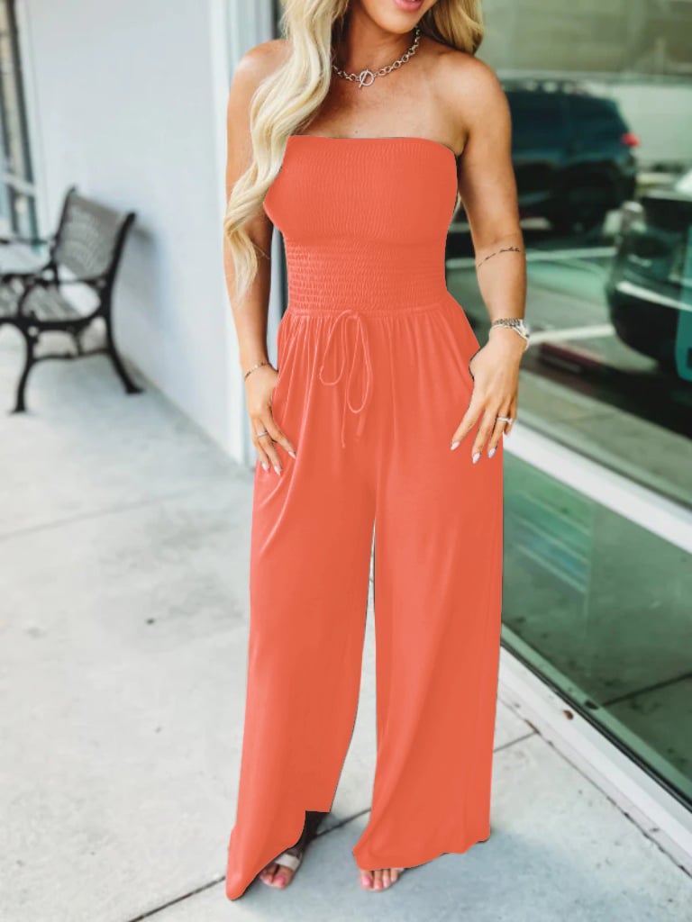 🔥Off Shoulder Solid Color Smocked Jumpsuit