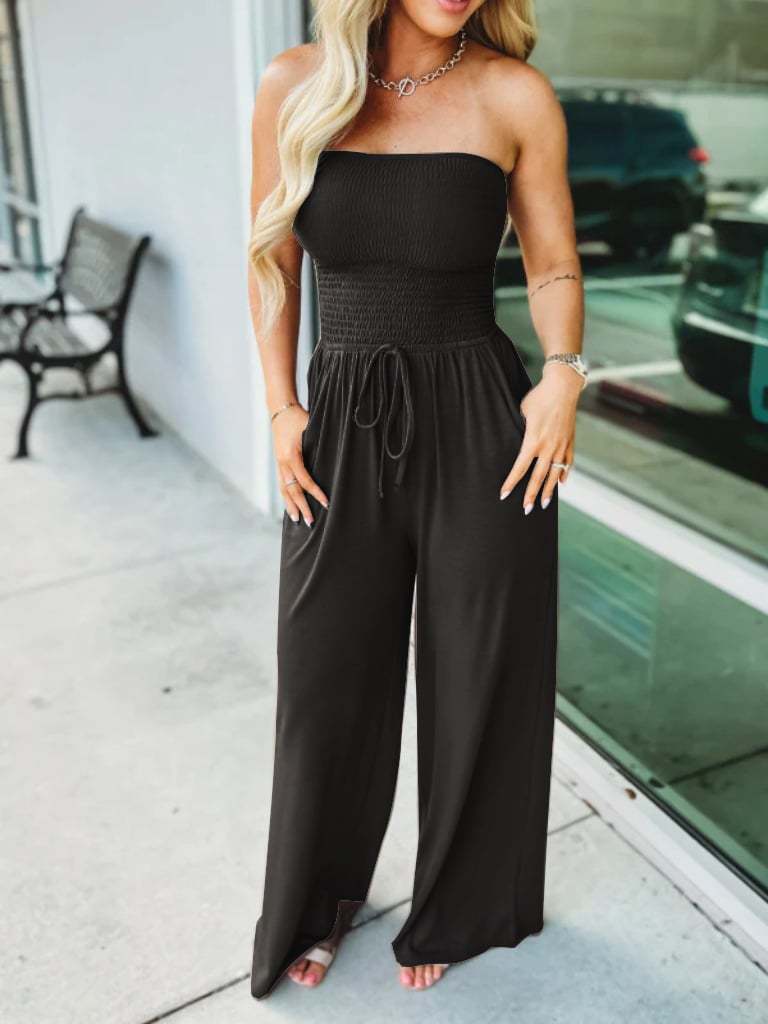 🔥Off Shoulder Solid Color Smocked Jumpsuit