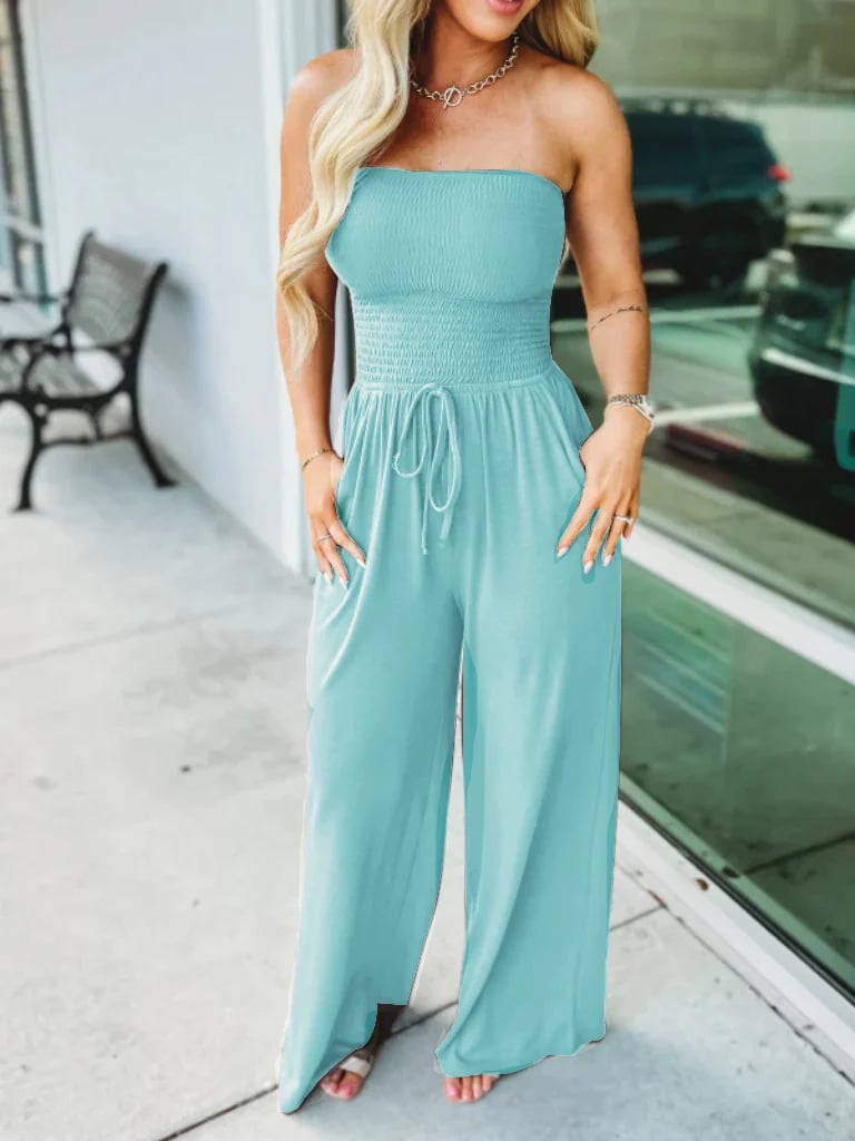 🔥Off Shoulder Solid Color Smocked Jumpsuit
