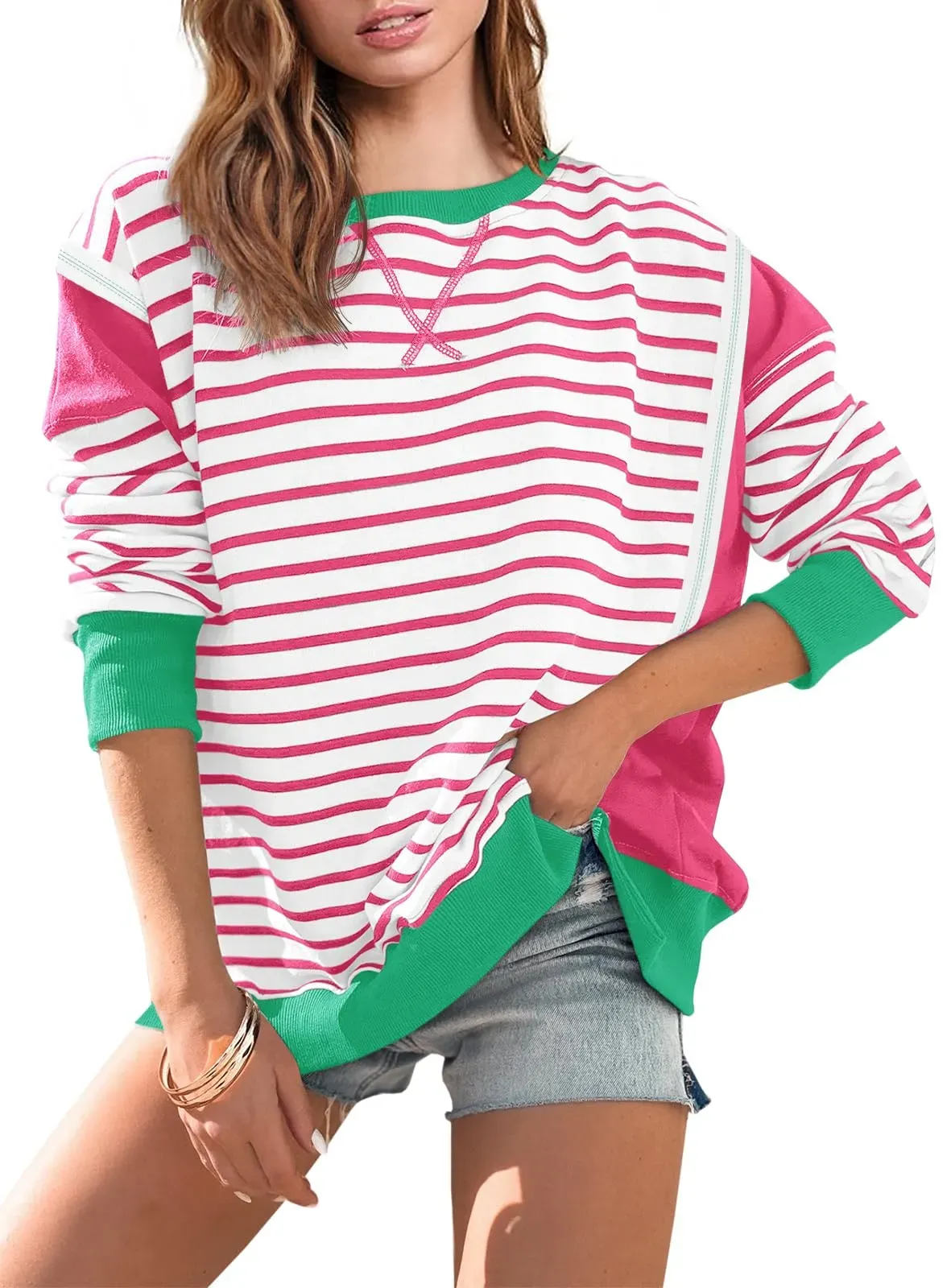 2024 Striped Color Block Oversized Sweatshirt(Buy 2 Free Shipping)