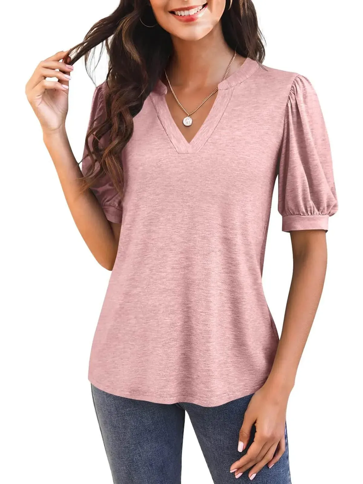 Women's V Neck Puff Sleeve Basic T-shirt (Buy 3 Free Shipping)