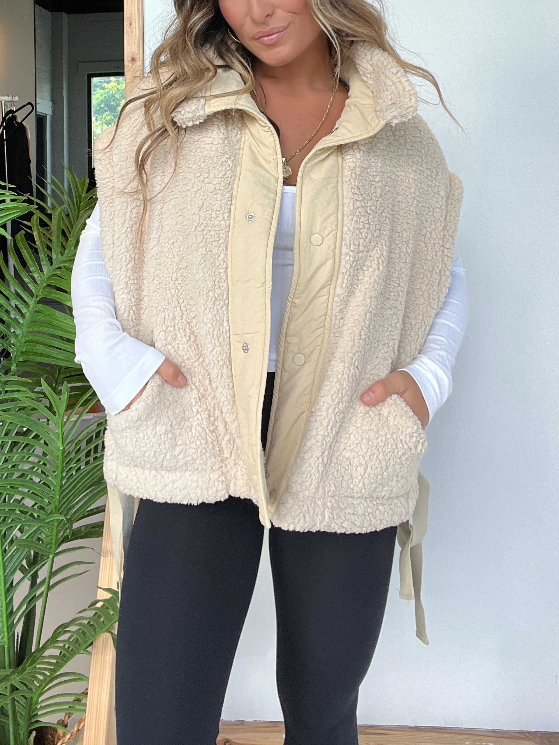 Sleeveless Button Paneled Sherpa Vest with Pockets (Buy 2 Free Shipping)