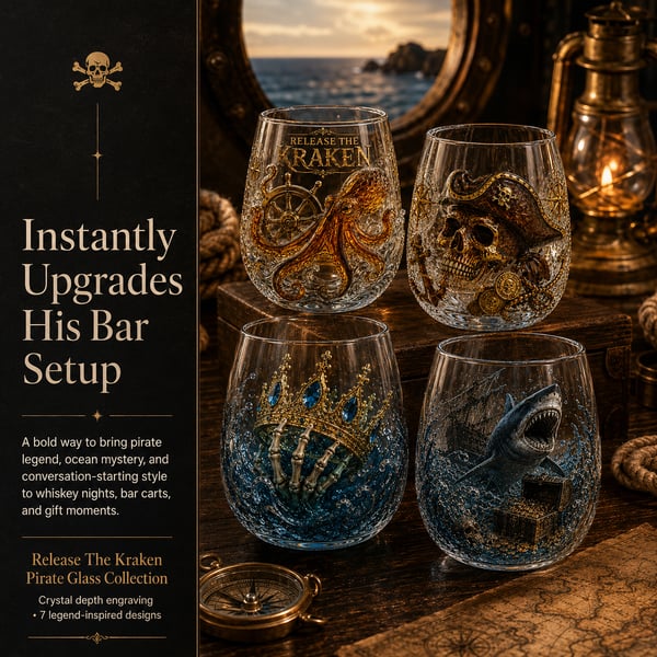 🌊 Release The Kraken Pirate Glass Collection | 7-Piece Legendary Ocean Treasure Crystal Set for Whiskey Lovers & Home Bar Collectors ⚓✨