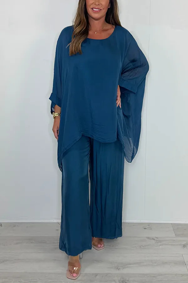 Silk Blend Crew Neck Oversized Pants Pullover Shirt T-Shirt