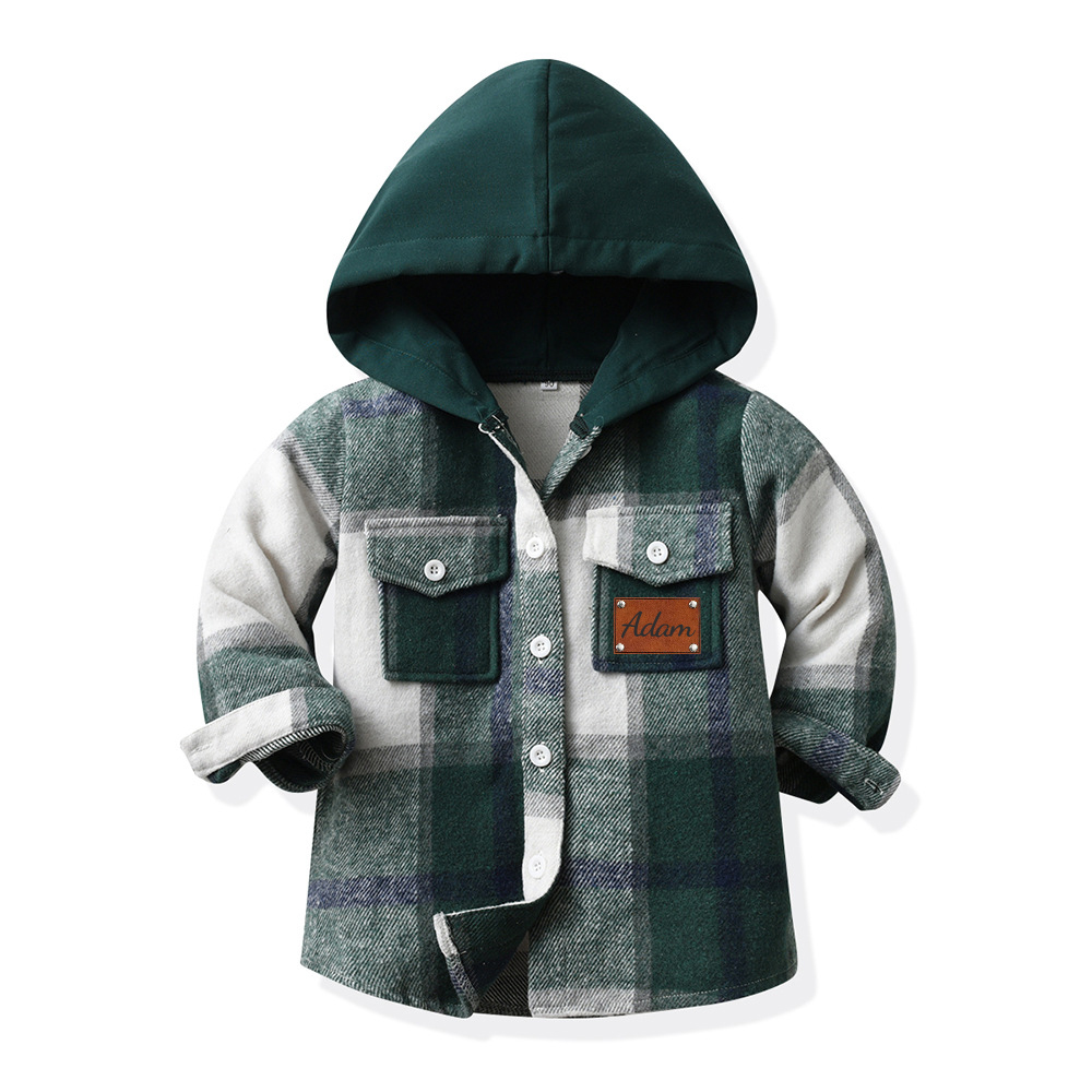 Personalized Leather Patch Kids Hooded Plaid Flannel Jacket(Buy 2 Free Shipping)