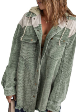 💝💝2024 Fall Long Sleeve Button Down Color Block Corduroy Hooded Jacket(BUY 2 FREE SHIPPING)
