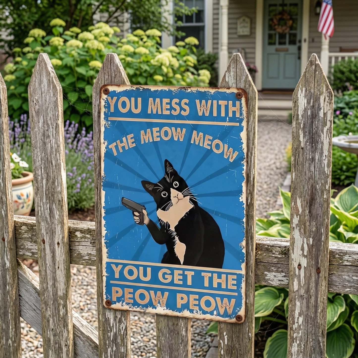 Vintage Black & White Cat Sign – Funny “You Mess With The Meow Meow, You Get The Peow Peow” Wall Decor 😂🐱