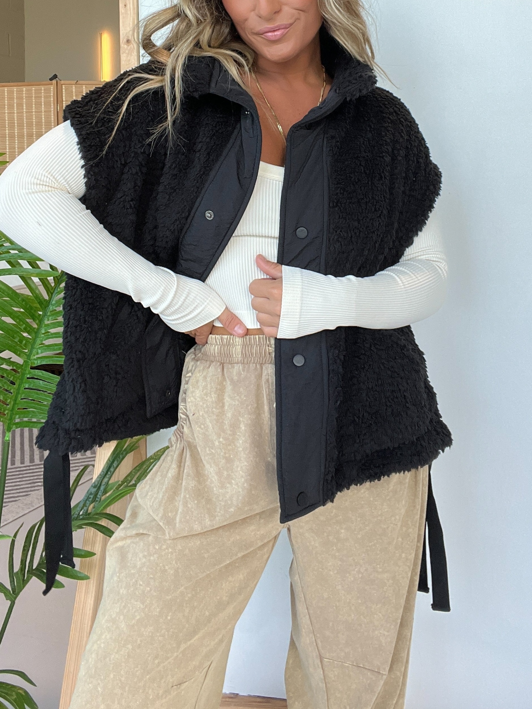Sleeveless Button Paneled Sherpa Vest with Pockets (Buy 2 Free Shipping)