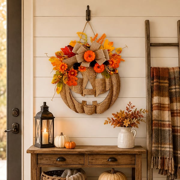 🎃✨ Lighted Burlap Pumpkin Wreath