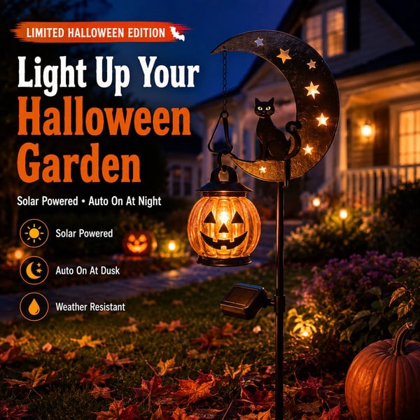👻 Solar Halloween Garden Stake Light with Black Cat & Pumpkin