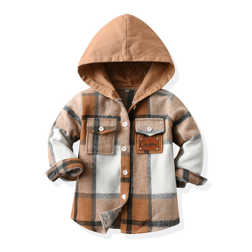 Personalized Leather Patch Kids Hooded Plaid Flannel Jacket(Buy 2 Free Shipping)
