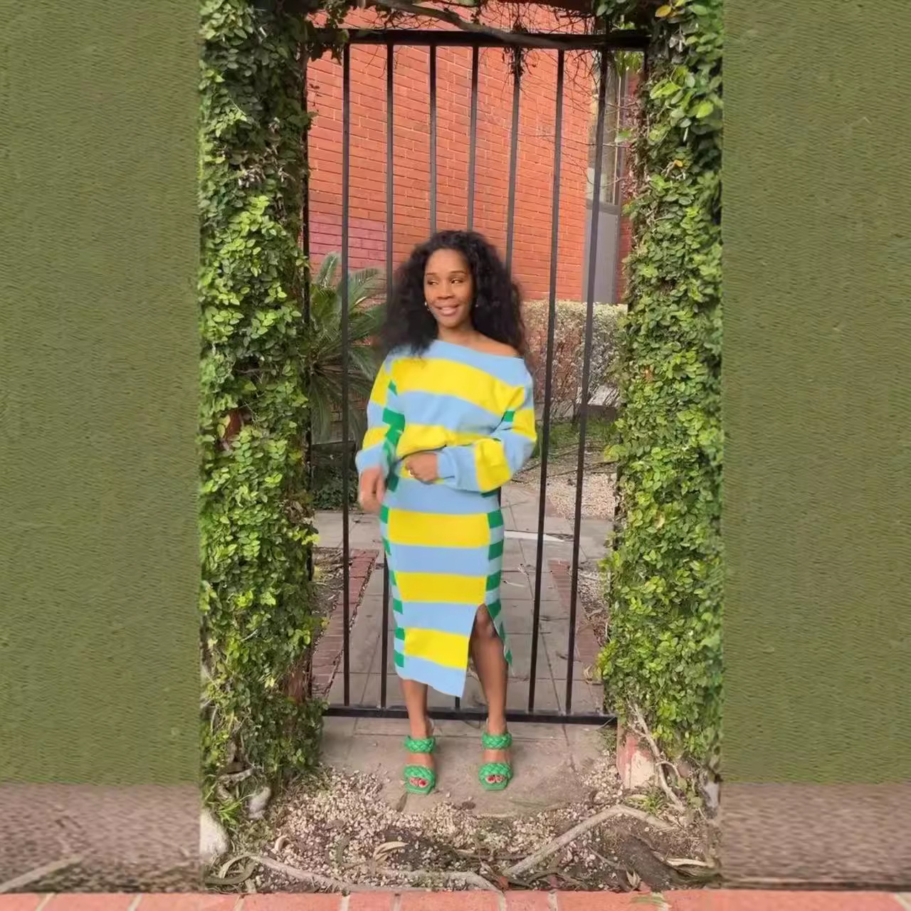 Long Sleeve Stripped Sweater Two Piece Skirt Set with Front Slit