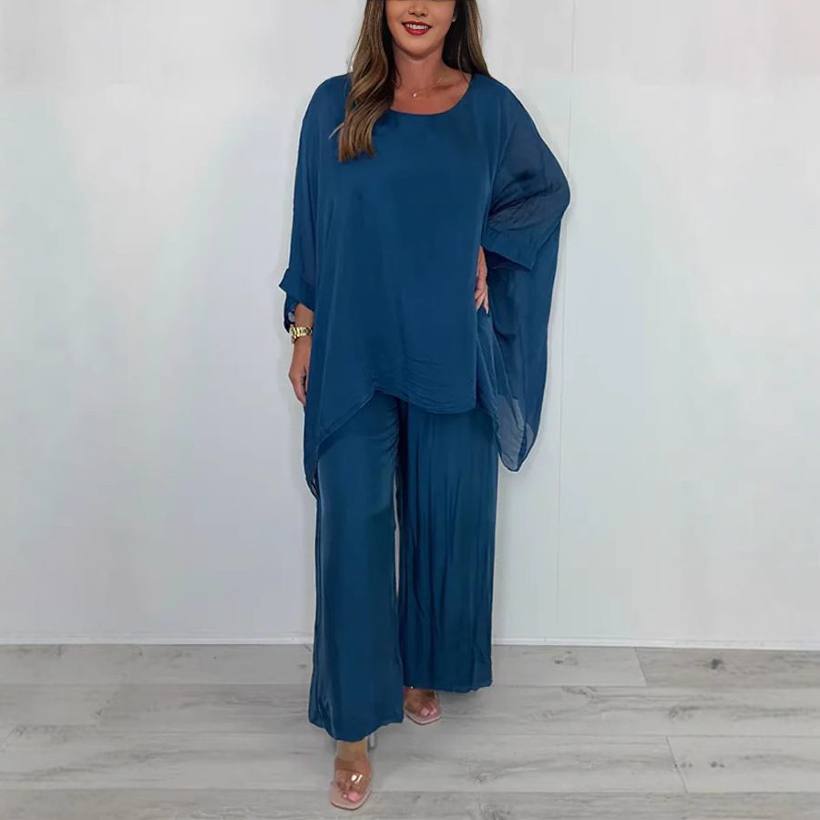 Silk Blend Crew Neck Oversized Pants Pullover Shirt T-Shirt