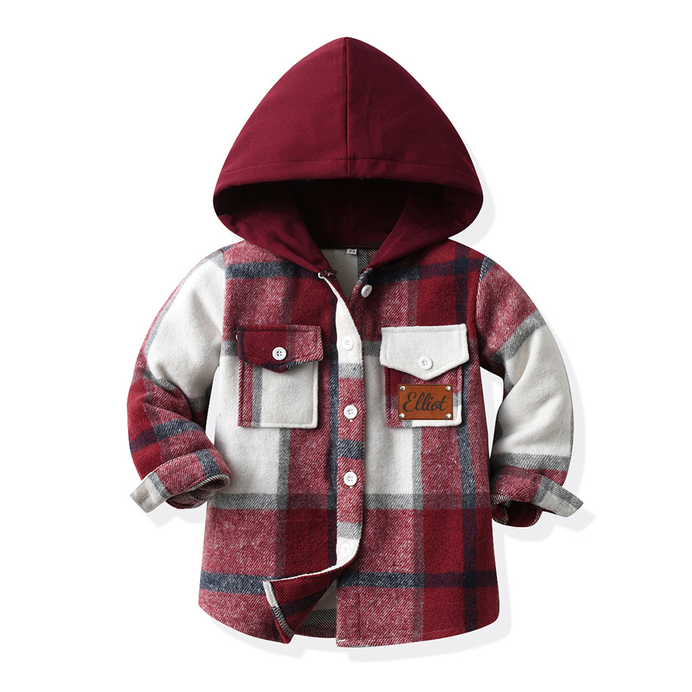 Personalized Leather Patch Kids Hooded Plaid Flannel Jacket(Buy 2 Free Shipping)