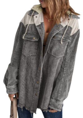 💝💝2024 Fall Long Sleeve Button Down Color Block Corduroy Hooded Jacket(BUY 2 FREE SHIPPING)