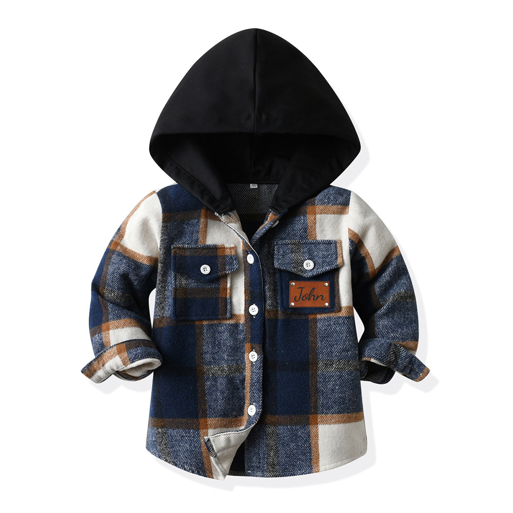 Personalized Leather Patch Kids Hooded Plaid Flannel Jacket(Buy 2 Free Shipping)