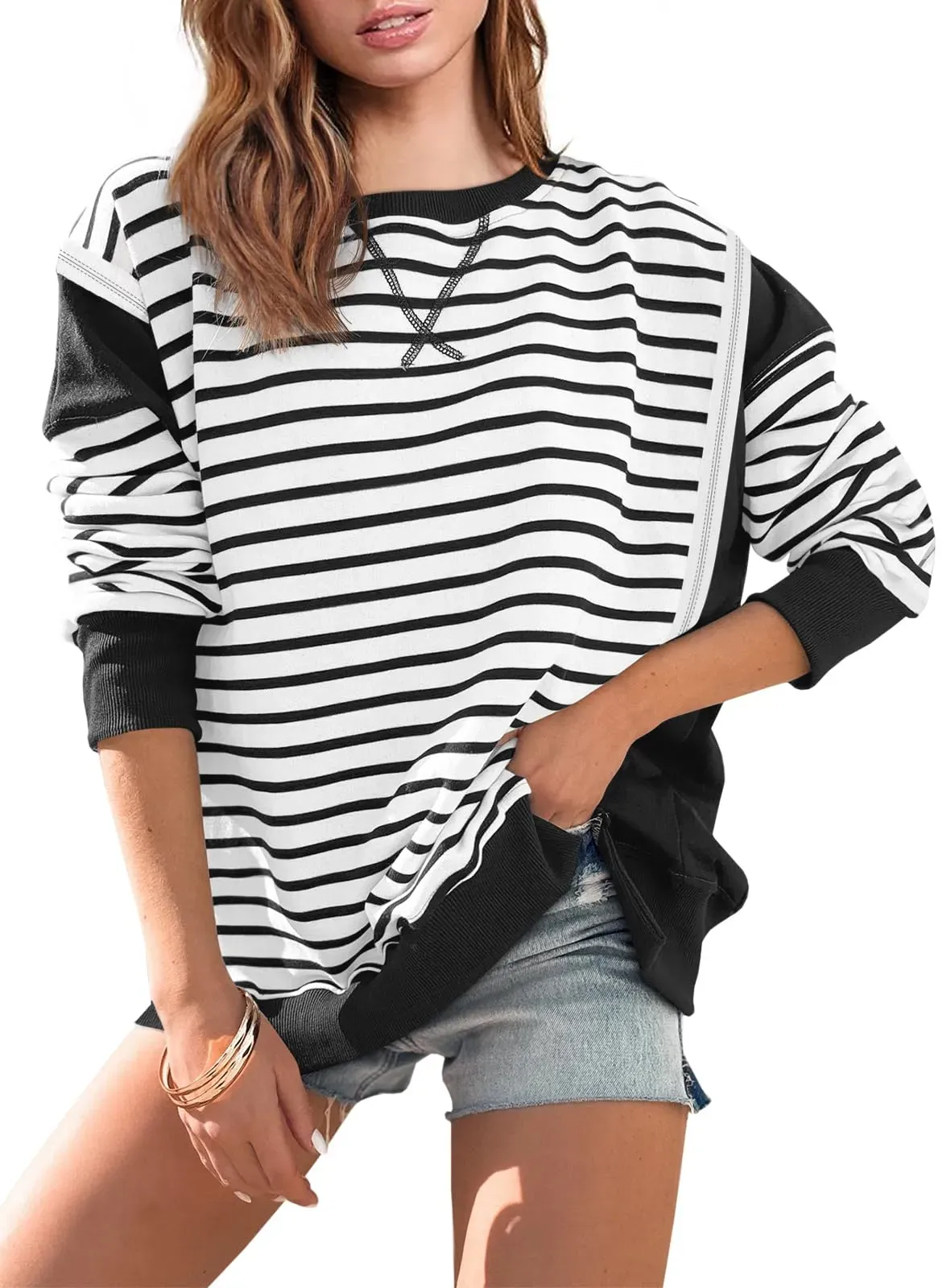 2024 Striped Color Block Oversized Sweatshirt(Buy 2 Free Shipping)