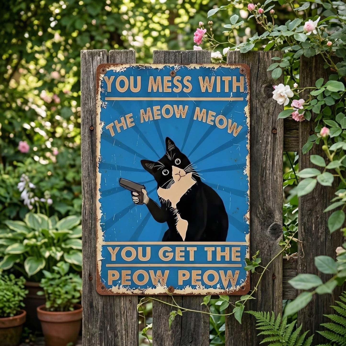 Vintage Black & White Cat Sign – Funny “You Mess With The Meow Meow, You Get The Peow Peow” Wall Decor 😂🐱