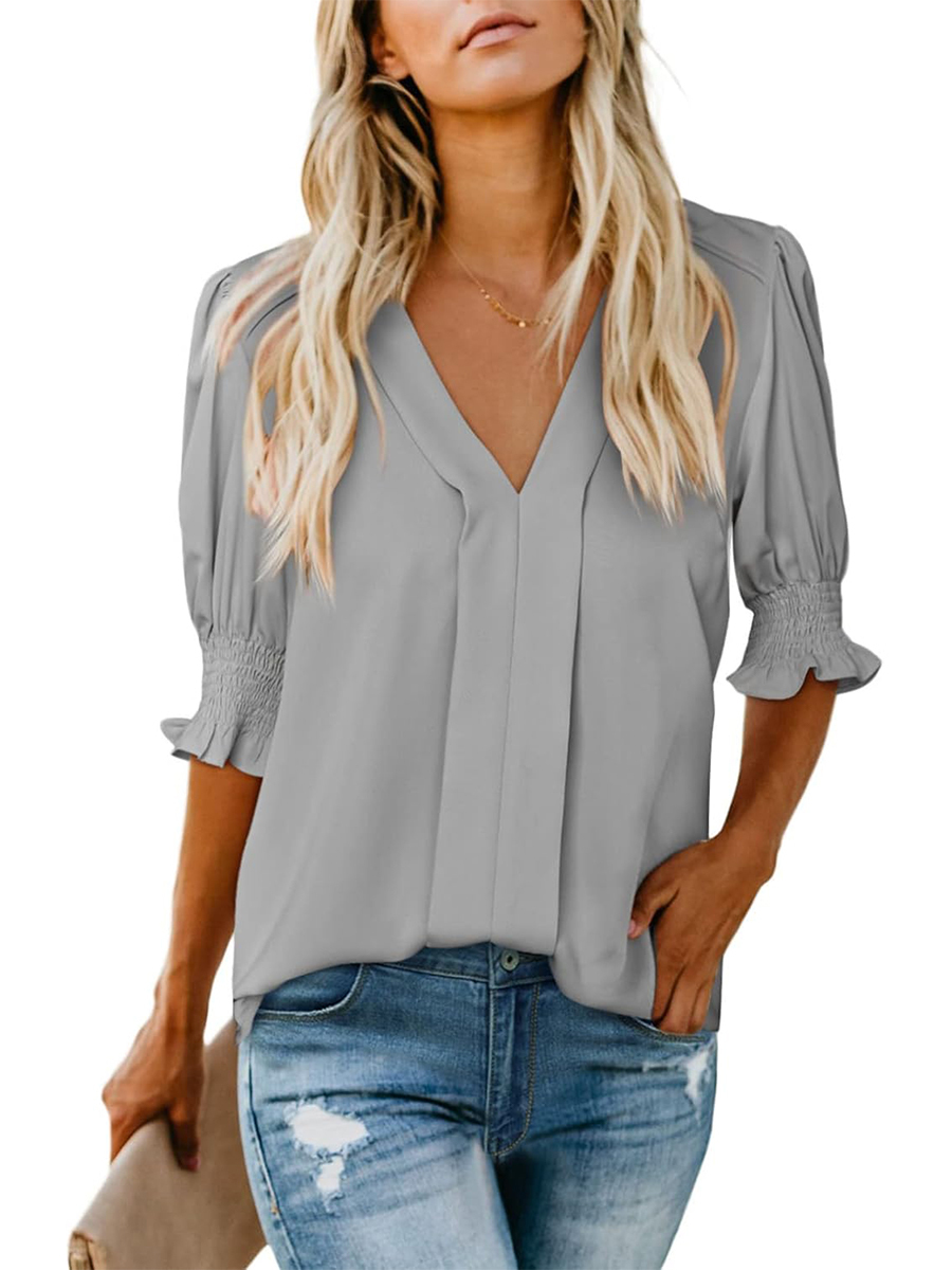 Women's Dressy Casual V Neck  Puff Ruffle Short Sleeve Shirt Tops