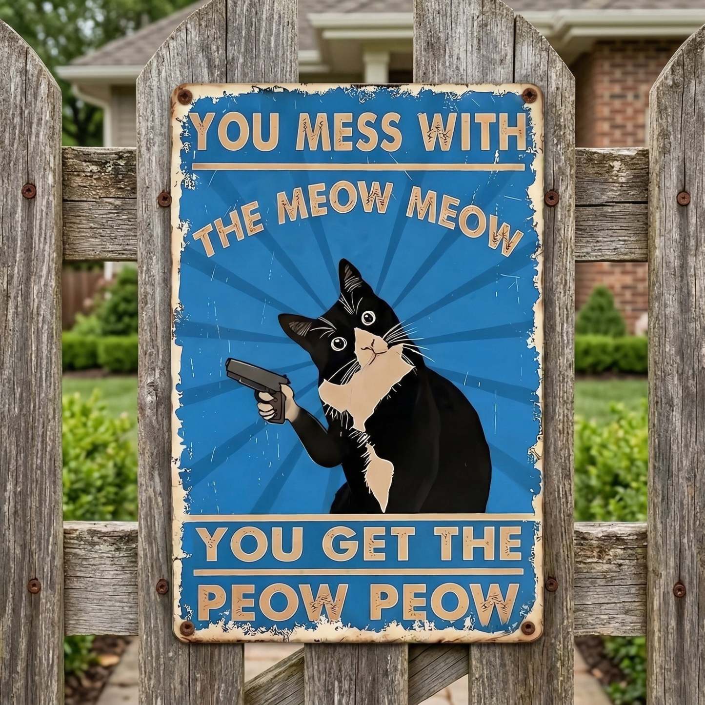 Vintage Black & White Cat Sign – Funny “You Mess With The Meow Meow, You Get The Peow Peow” Wall Decor 😂🐱