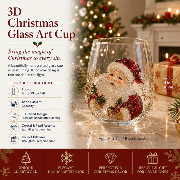 🎄✨ 3D Christmas Glass Art Cup | Luxury Raised Holiday Glassware for Drinks, Decor & Christmas Gifts 🎁