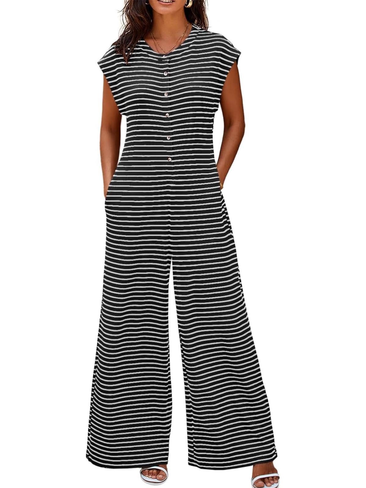 Women's Casual Button Striped Jumpsuit Cap Sleeve Wide Leg Romper(BUY 2 FREE SHIPPING)