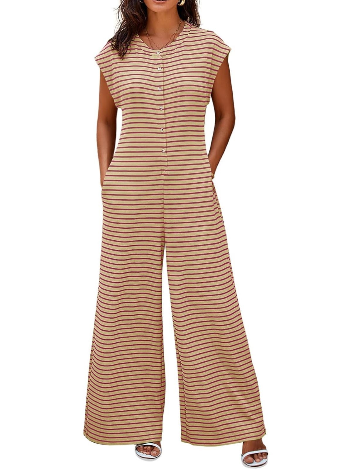 Women's Casual Button Striped Jumpsuit Cap Sleeve Wide Leg Romper(BUY 2 FREE SHIPPING)