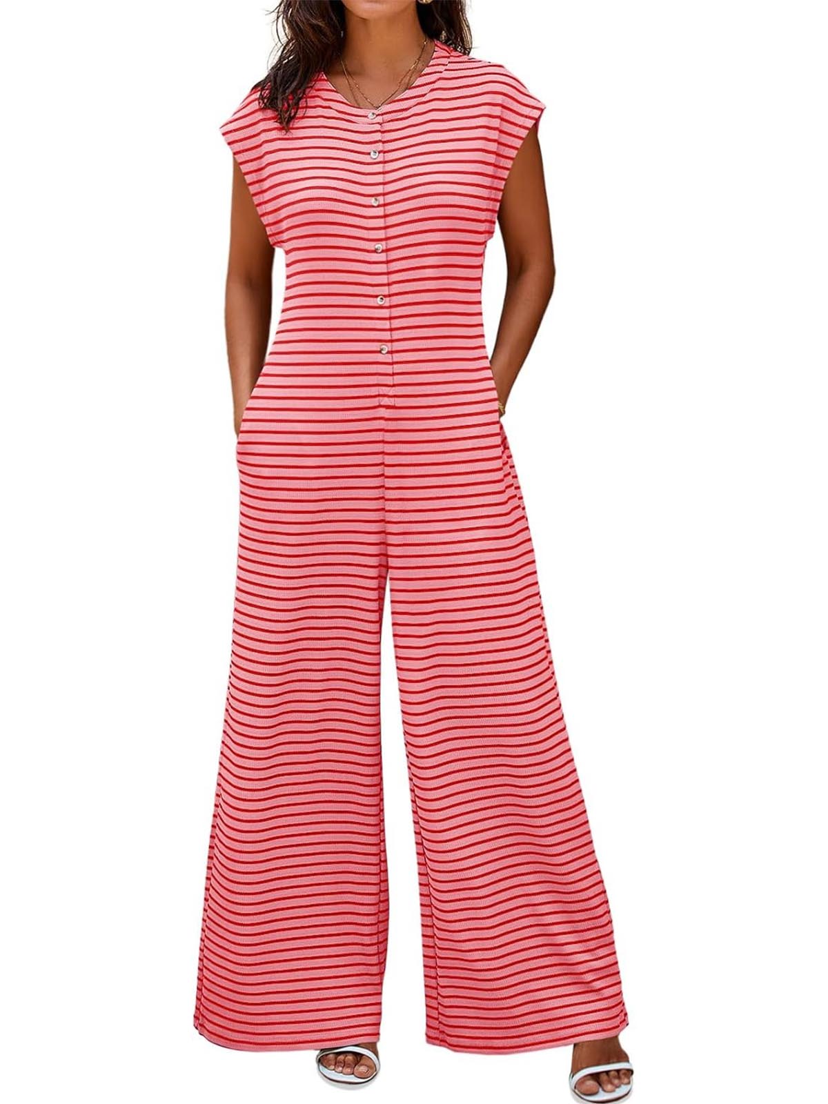 Women's Casual Button Striped Jumpsuit Cap Sleeve Wide Leg Romper(BUY 2 FREE SHIPPING)