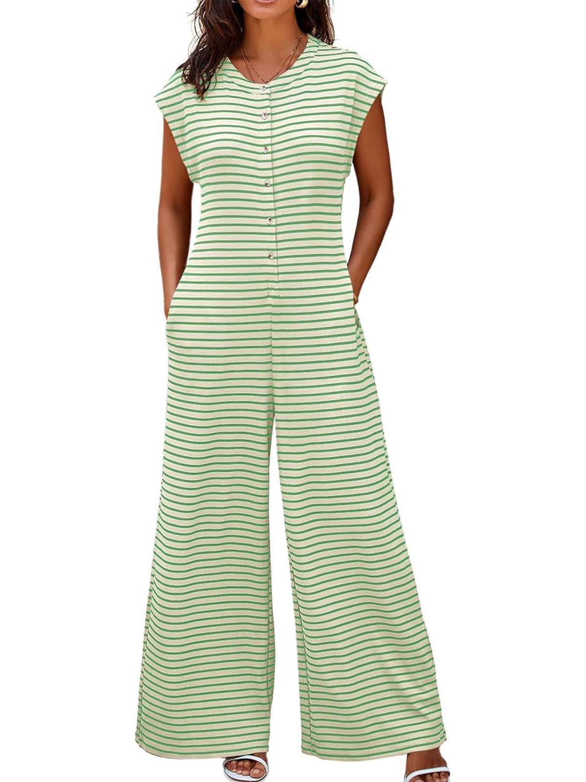 Women's Casual Button Striped Jumpsuit Cap Sleeve Wide Leg Romper(BUY 2 FREE SHIPPING)