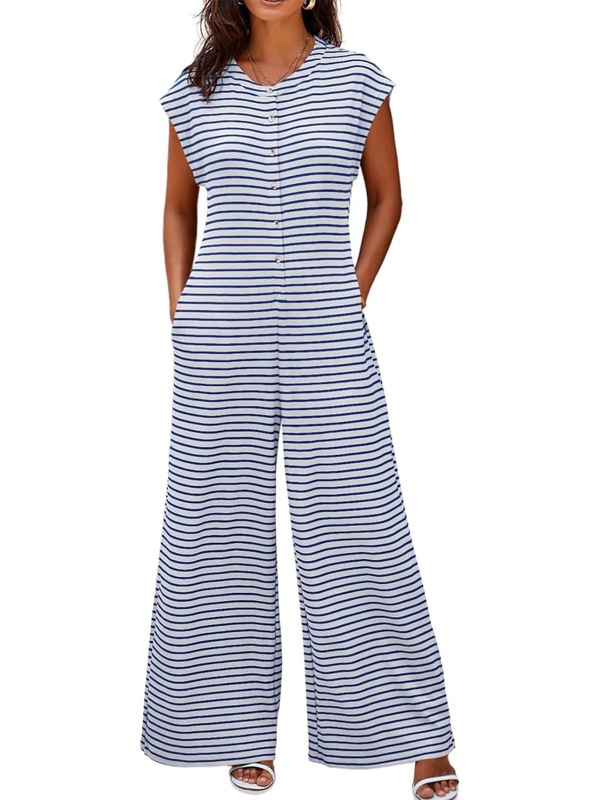 Women's Casual Button Striped Jumpsuit Cap Sleeve Wide Leg Romper(BUY 2 FREE SHIPPING)