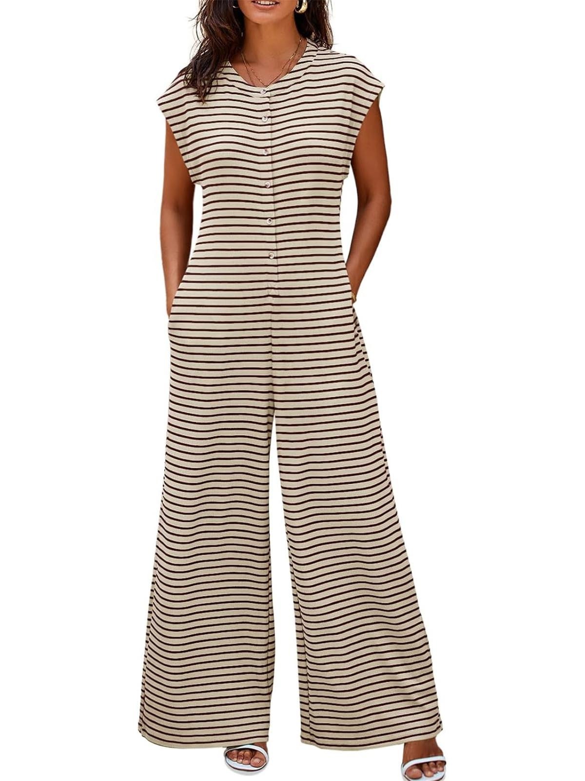 Women's Casual Button Striped Jumpsuit Cap Sleeve Wide Leg Romper(BUY 2 FREE SHIPPING)