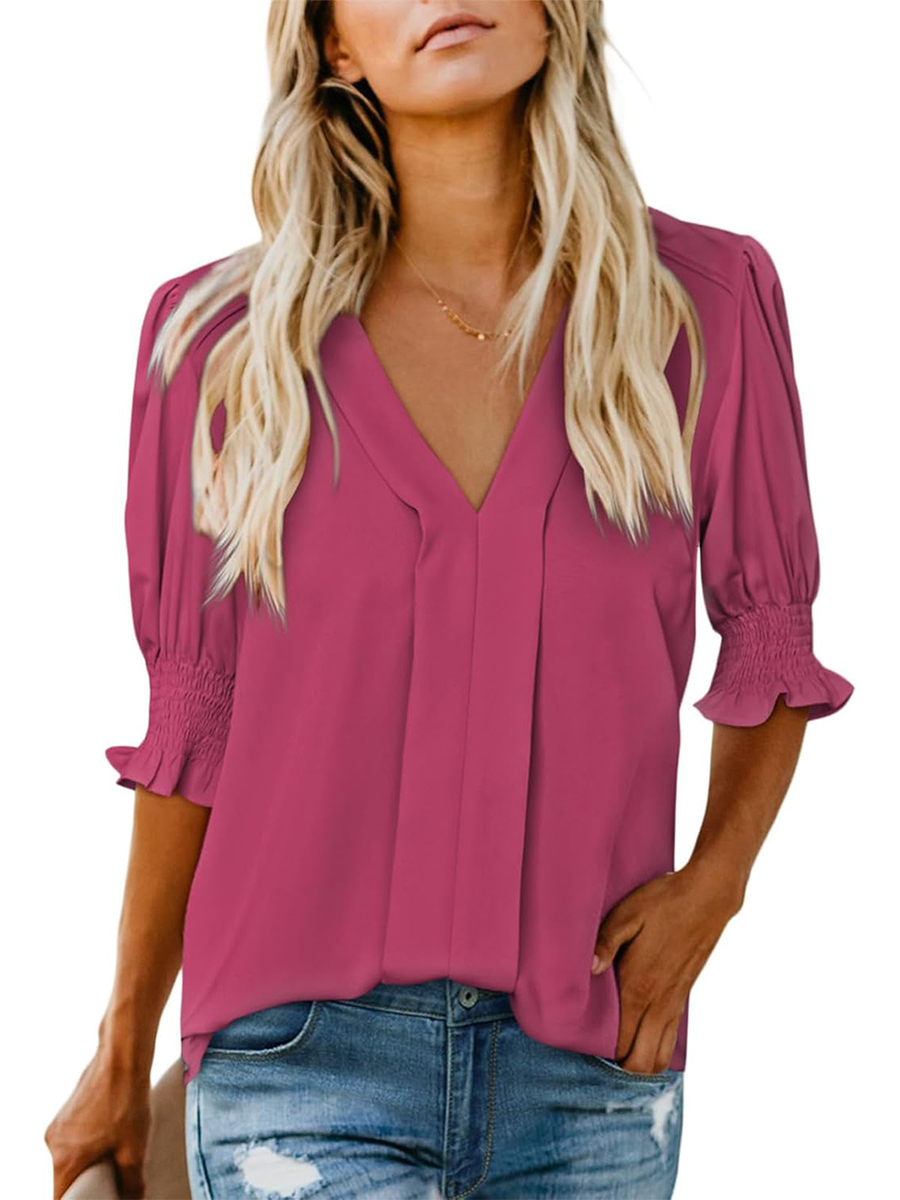 Women's Dressy Casual V Neck  Puff Ruffle Short Sleeve Shirt Tops