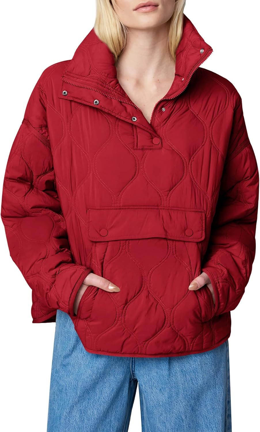 Women's Quilted Lightweight Puffer Jacket Long Sleeve Half Zip Up Coat with Pocket