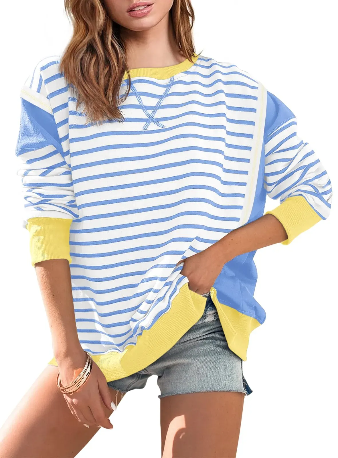 2024 Striped Color Block Oversized Sweatshirt(Buy 2 Free Shipping)