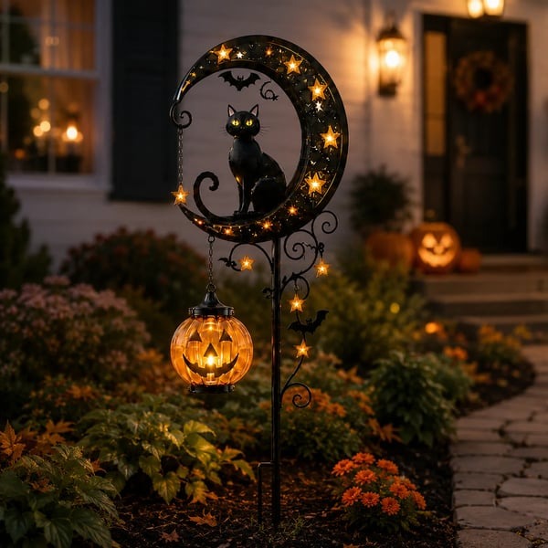👻 Solar Halloween Garden Stake Light with Black Cat & Pumpkin