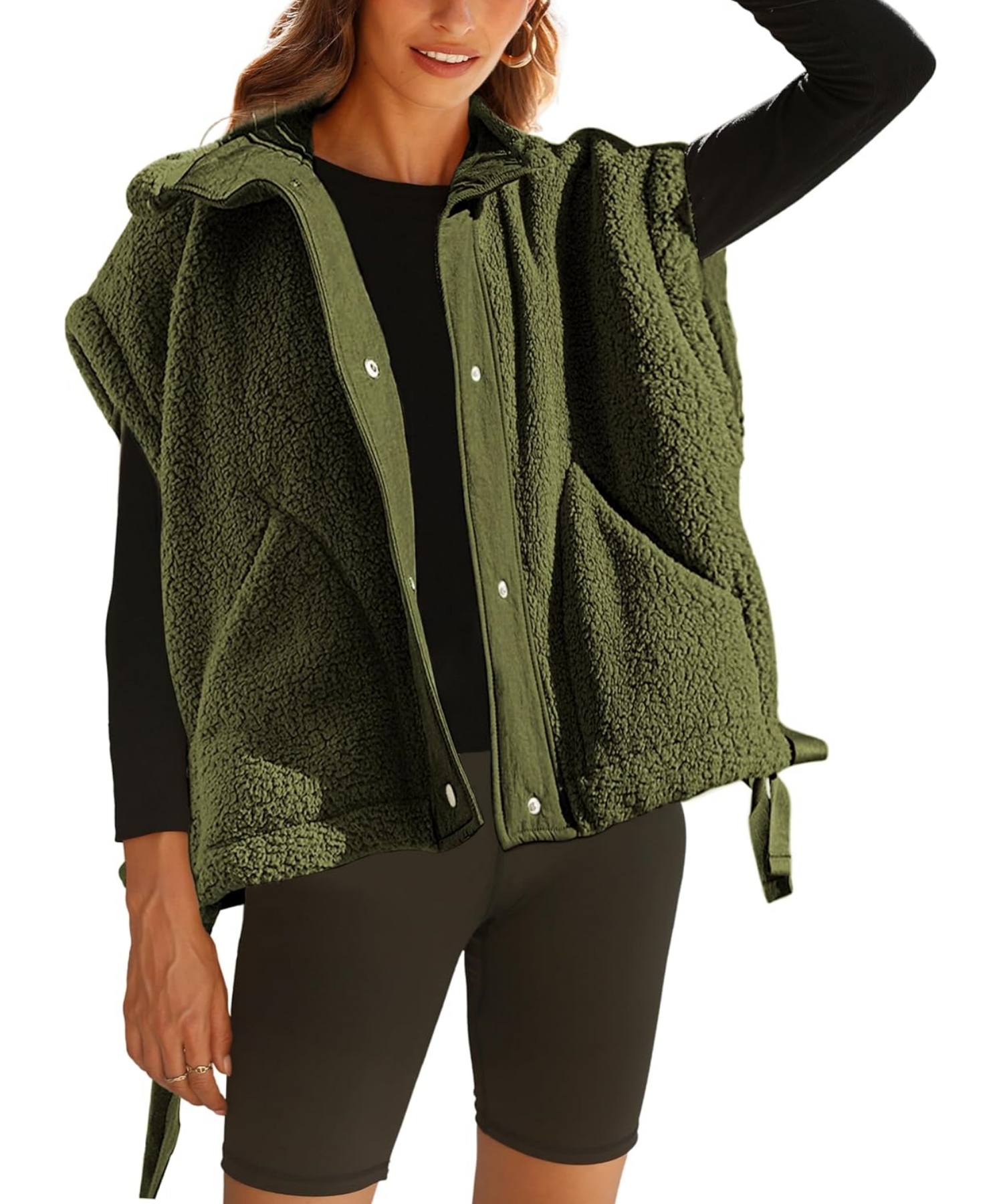 Sleeveless Button Paneled Sherpa Vest with Pockets (Buy 2 Free Shipping)