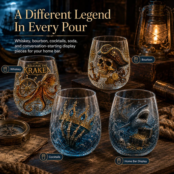 🌊 Release The Kraken Pirate Glass Collection | 7-Piece Legendary Ocean Treasure Crystal Set for Whiskey Lovers & Home Bar Collectors ⚓✨