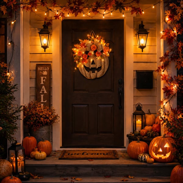 🎃✨ Lighted Burlap Pumpkin Wreath