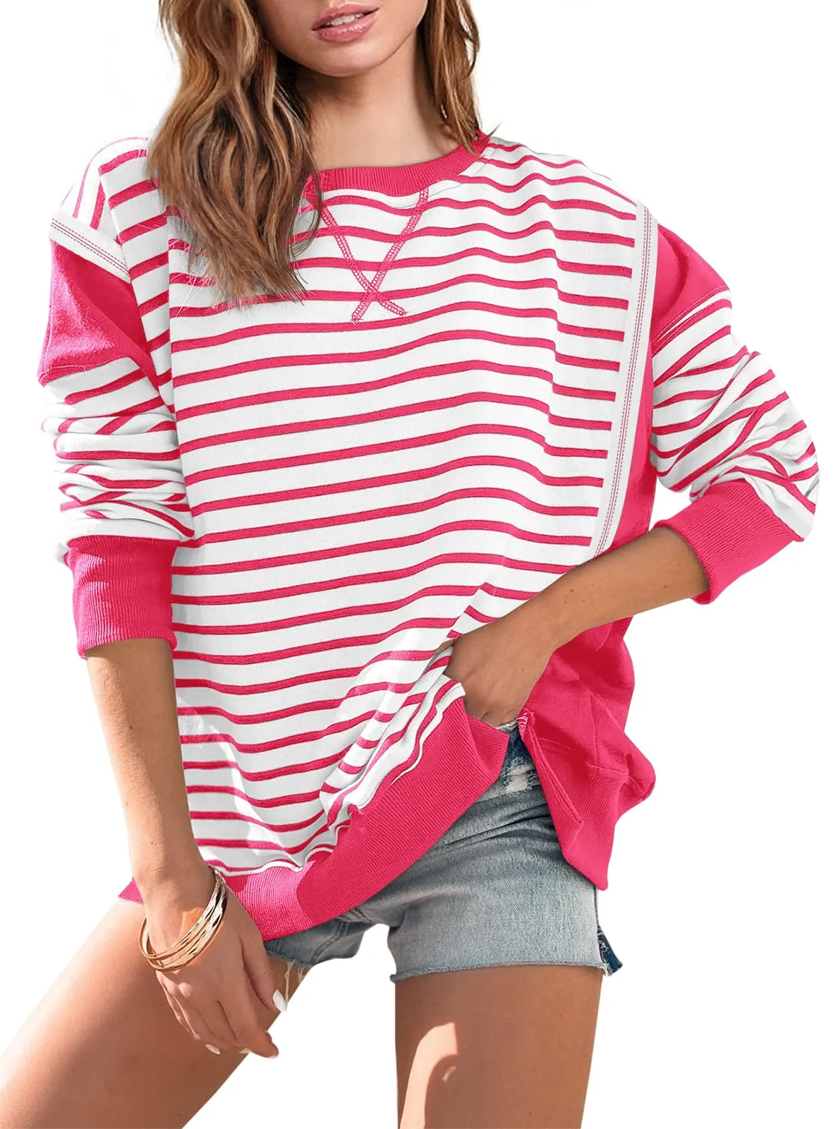 2024 Striped Color Block Oversized Sweatshirt(Buy 2 Free Shipping)