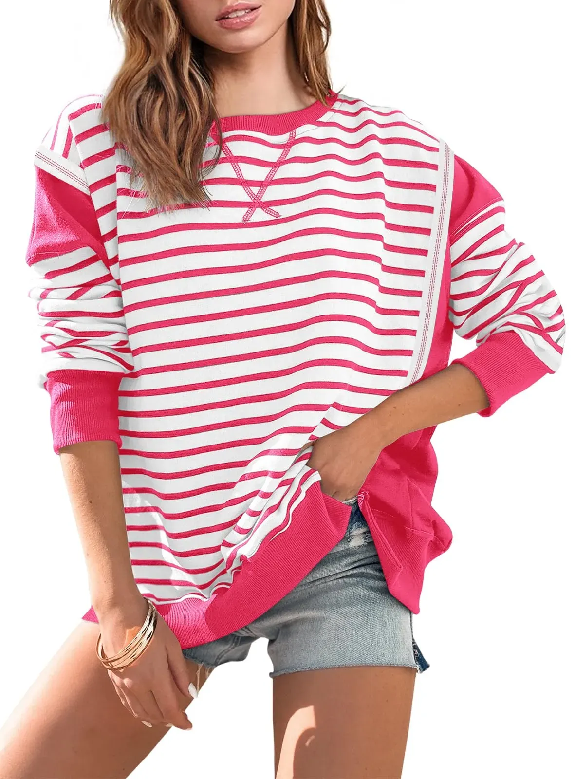 2024 Striped Color Block Oversized Sweatshirt(Buy 2 Free Shipping)