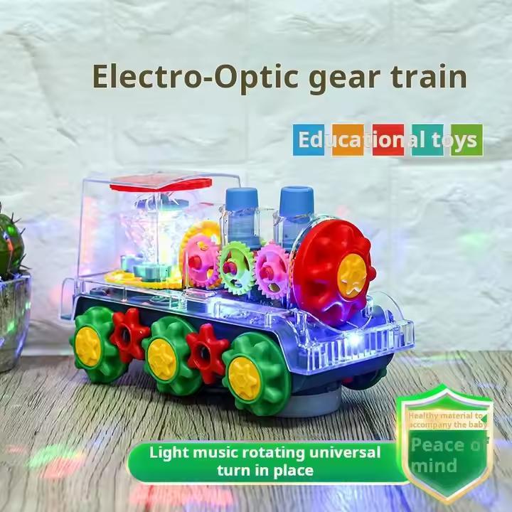 🧠🧩Perfect Gift for Kids🎁Interactive Transparent Train Toy with LED Light and Sound, 360 Rotating Engine Toy for Kids, Baby Sound Toys, Automatic Obstacle Avoidance