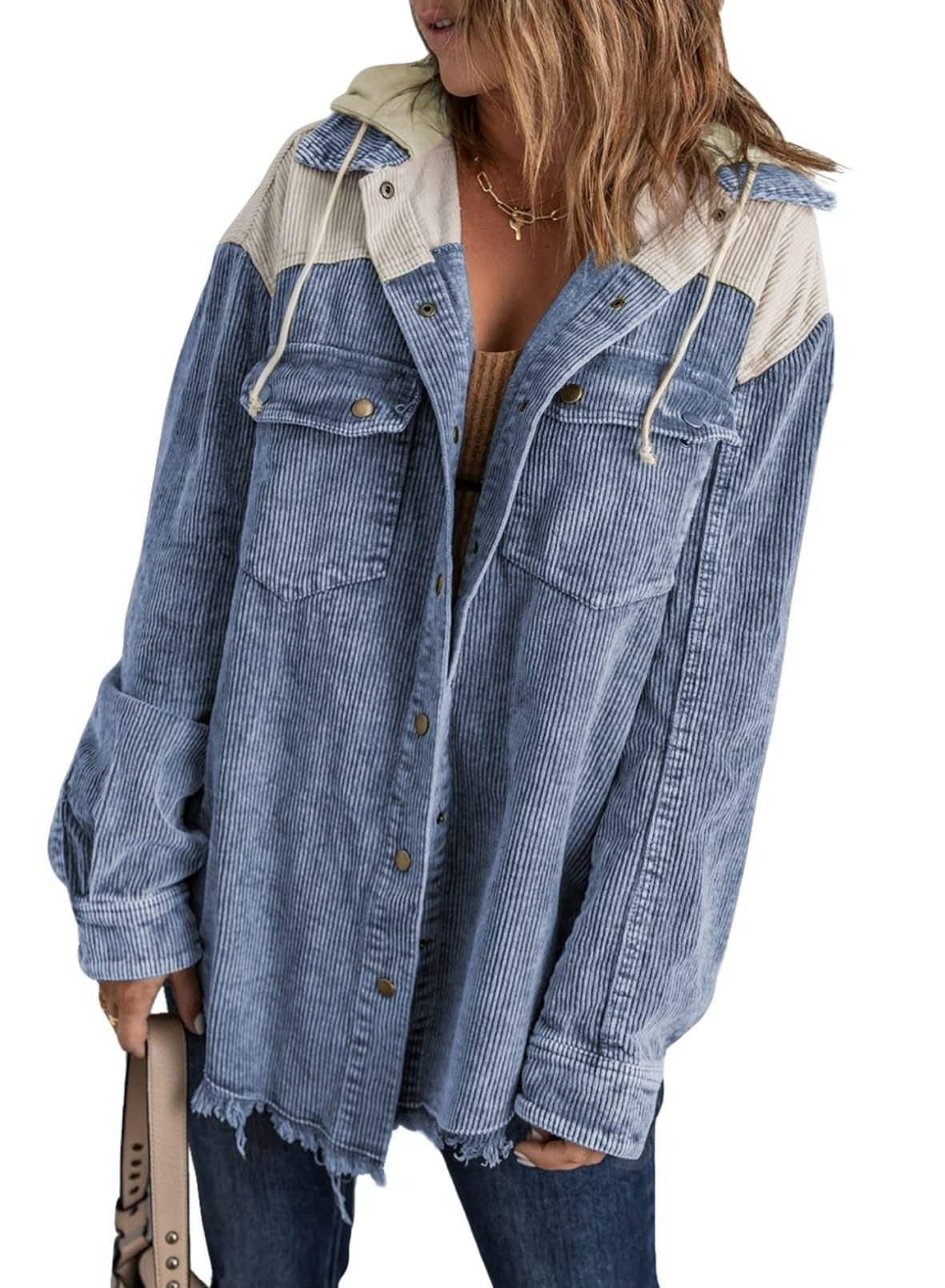 2024 Fall Long Sleeve Button Down Color Block Corduroy Hooded Jacket(BUY 2 10% OFF)