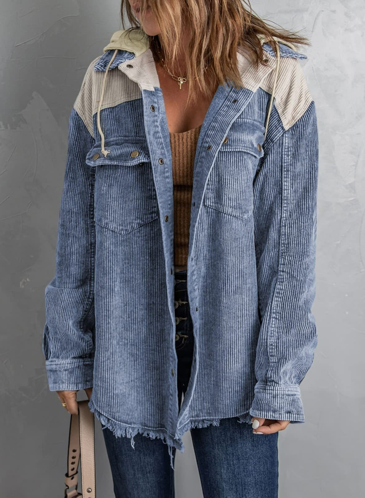 2024 Fall Long Sleeve Button Down Color Block Corduroy Hooded Jacket(BUY 2 10% OFF)