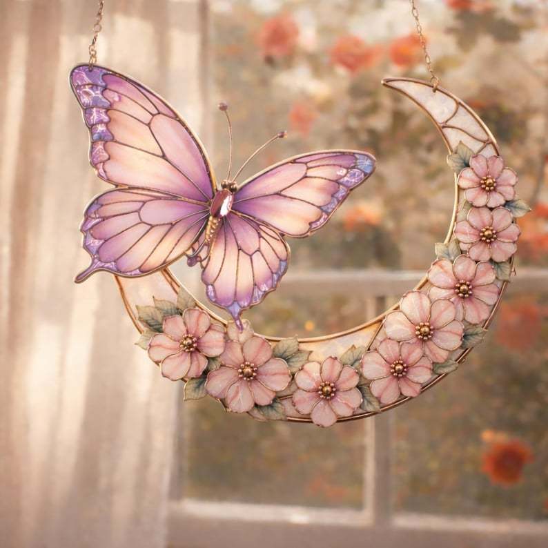 Moonlight Butterfly Stained Glass Hanging Ornament