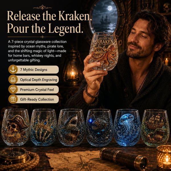 🌊 Release The Kraken Pirate Glass Collection | 7-Piece Legendary Ocean Treasure Crystal Set for Whiskey Lovers & Home Bar Collectors ⚓✨