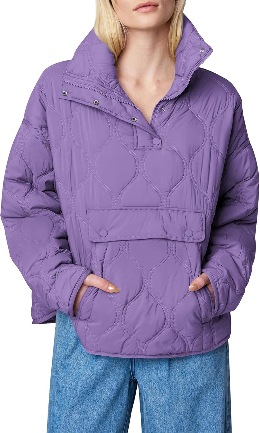 Women's Quilted Lightweight Puffer Jacket Long Sleeve Half Zip Up Coat with Pocket
