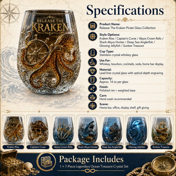🌊 Release The Kraken Pirate Glass Collection | 7-Piece Legendary Ocean Treasure Crystal Set for Whiskey Lovers & Home Bar Collectors ⚓✨