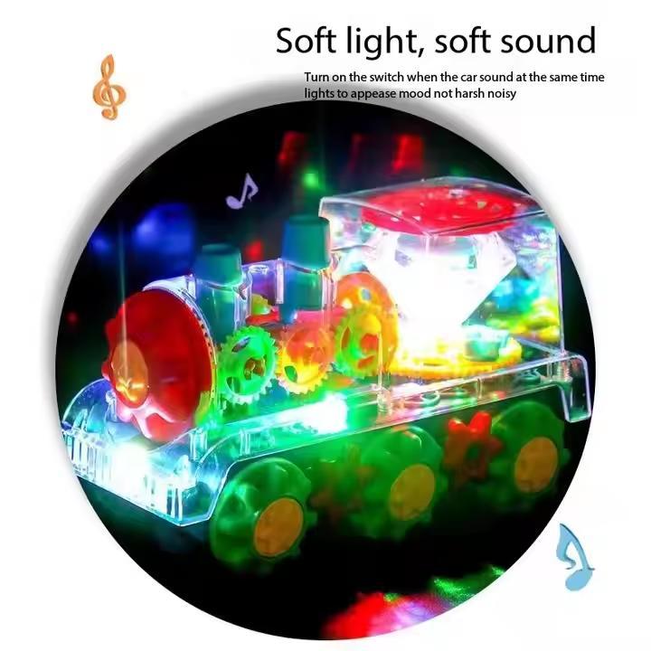 🧠🧩Perfect Gift for Kids🎁Interactive Transparent Train Toy with LED Light and Sound, 360 Rotating Engine Toy for Kids, Baby Sound Toys, Automatic Obstacle Avoidance