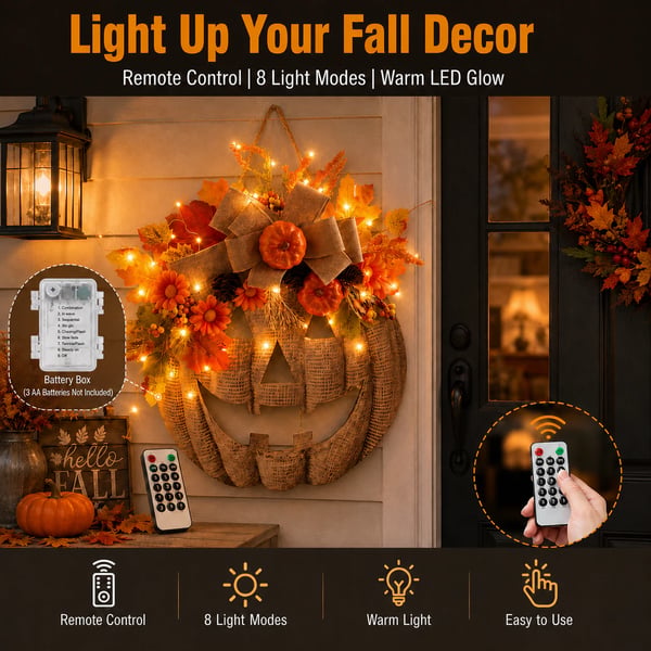 🎃✨ Lighted Burlap Pumpkin Wreath